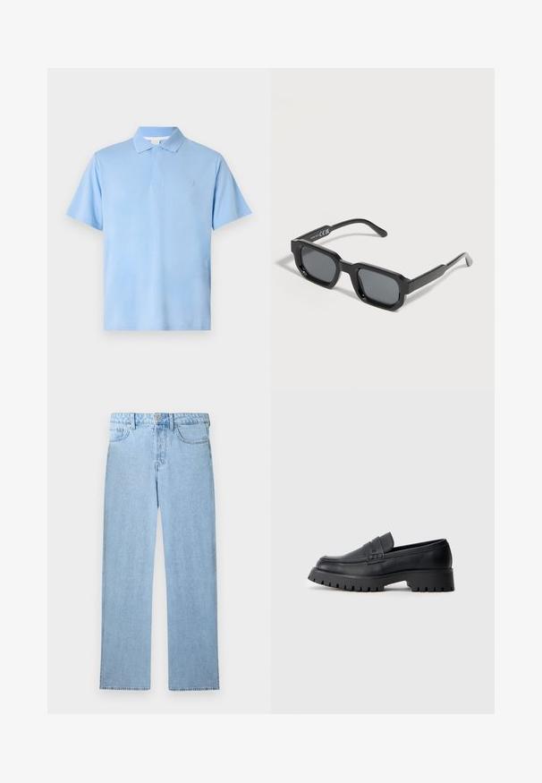 Polo shirt azul claro de algodón, con un cuello clásico, mangas cortas y un sutil logo en el pecho. Textura suave.; Vaqueros de mezclilla azul claro de tiro alto y pierna recta con cierre frontal de botón y cremallera, y diseño de cinco bolsillos sobre fondo blanco.; Mocasines de cuero negro con punta redondeada, que presentan una correa decorativa y una suela de goma gruesa con surcos profundos para mayor tracción.; Gafas de sol rectangulares negras con montura gruesa y lentes tintados oscuros, inclinadas sobre un fondo blanco.