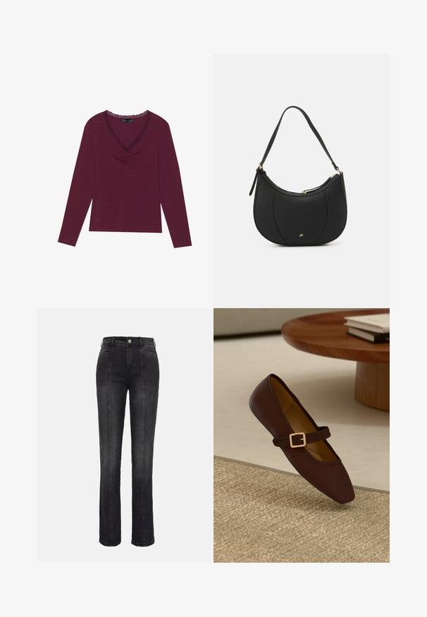Langærmet, dyb burgundy top med V-halsudskæring og sort blondekant samt samlede detaljer foran. Blød tekstur, afslappet pasform.; Sorte jeans med høj talje og lige ben, med frontsømme, bæltestropper og knaplukning på en ensartet lys grå baggrund.; Brune læder flad sko med spids tå og en dekorativ rem med en guldbuckle. Varm beige vævet teksturbaggrund.; Sort læderhåndtaske med en buet form, struktureret overflade, forreste syninger og et logo i guldfarve. Har en enkelt justerbar rem.