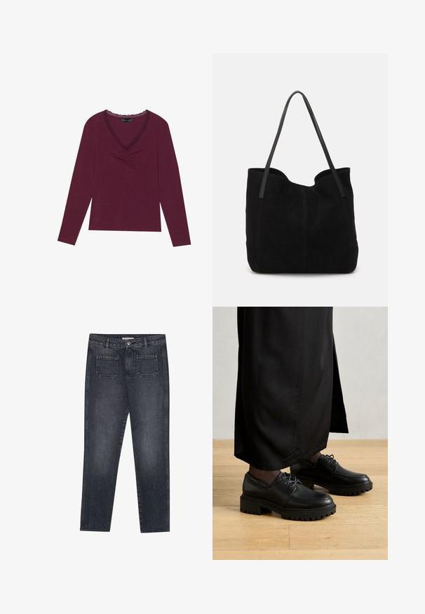 Langsleeve, diep bordeaux bovenstuk met een V-halslijn en zwarte kantafwerking, en geplooide details aan de voorkant. Zachte textuur, casual pasvorm.; Donkergrijze denim jeans met een rechte pasvorm. Bevat twee achterzakken, een knoopsluiting en riemlussen. Subtiele vervagingsstructuur.; Zwarte leren schoenen met een ronde neus, dikke rubberen zool en veters. Het ontwerp heeft decoratieve stiksels langs de bovenkant.; Zwarte suede tote bag met twee lange, platte leren handvatten. Heeft een gebogen bovenrand en zichtbare stiksels aan de voorkant. Geen hardware-accenten.