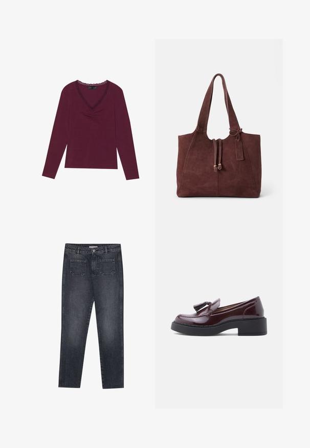 Langærmet, dyb burgundy top med V-halsudskæring og sort blondekant samt samlede detaljer foran. Blød tekstur, afslappet pasform.; Mørkegrå denim jeans med lige benpasform. Har to baglommer, knaplukning og bæltestropper. Subtil falmningstekstur.; Bourgogne laklæder loafers med en flad sort hæl, dekoreret med en kvast og detaljerede sømme langs samlingerne.; Suedes skuldertaske i dyb burgunderfarve med to lange stropper, snørelukning og et lille tag fastgjort, med en glat overflade.