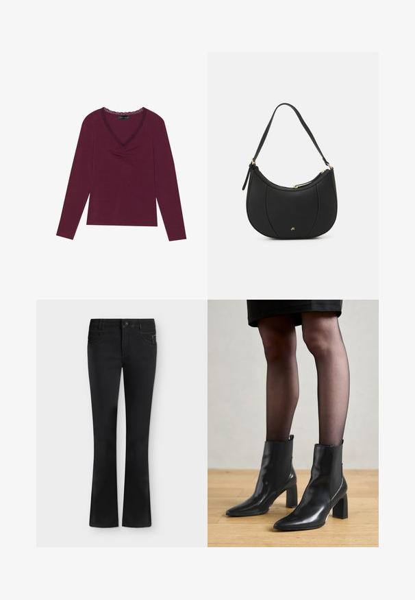 Langsleeve, diep bordeaux bovenstuk met een V-halslijn en zwarte kantafwerking, en geplooide details aan de voorkant. Zachte textuur, casual pasvorm.; Zwarte bootcut jeans met knoop aan de voorkant, rits, riemlussen en voorzakken, plat gelegd op een witte achtergrond.; Zwarte leren enkellaarsjes met een spitse neus, stevige vierkante hak en een fraaie uitstraling. Beschikt over elastische zijpanelen voor gemakkelijke aan- en uittrekken.; Zwarte leren handtas met een gebogen vorm, textuuroppervlak, voornaden en een logo in goudkleur. Beschikt over een enkele verstelbare schouderband.