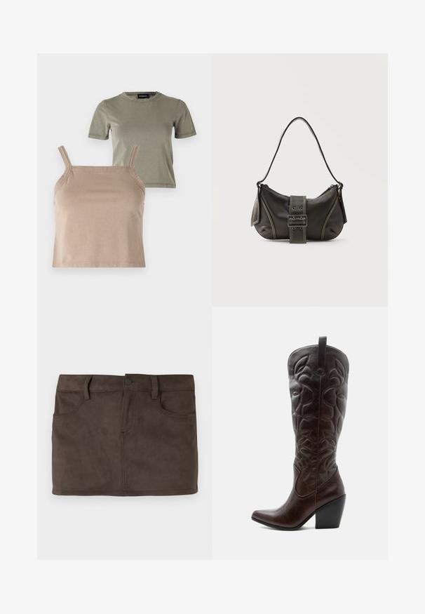 Deux hauts : un T-shirt à manches courtes de couleur vert olive et un débardeur beige raccourci avec des bretelles fines, tous deux en tissu doux en mélange de coton.; Mini-jupe en daim marron avec deux poches avant, passants de ceinture et fermeture avec bouton à l'avant. Texture lisse avec un léger brillant.; Botte de cowboy haute en cuir marron foncé avec motifs décoratifs cousus, bout pointu et talon bloc empilé.; Sac à épaule en cuir noir avec une sangle à boucle, des bords arrondis et des coutures blanches contrastées sur un fond uni.