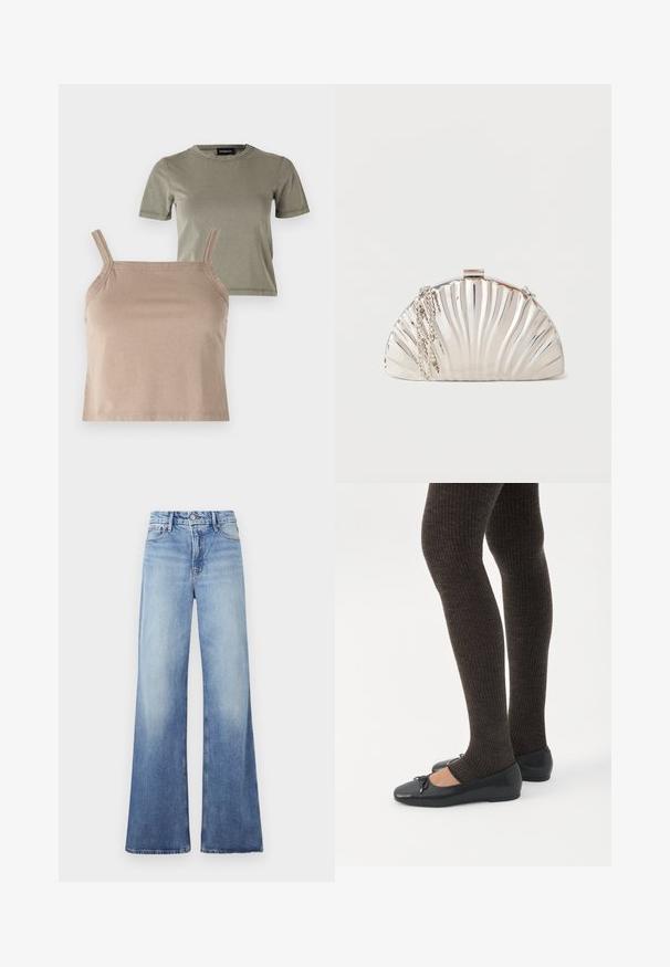 Deux hauts : un T-shirt à manches courtes de couleur vert olive et un débardeur beige raccourci avec des bretelles fines, tous deux en tissu doux en mélange de coton.; Good American SKATE - Wide Leg - indigo; Jambes portant des leggings côtelés foncés associés à des ballerines noires avec de petits détails en nœud sur fond blanc.; Pochette argentée métallique en forme de coquillage, avec une chaîne en argent drapée sur le côté.