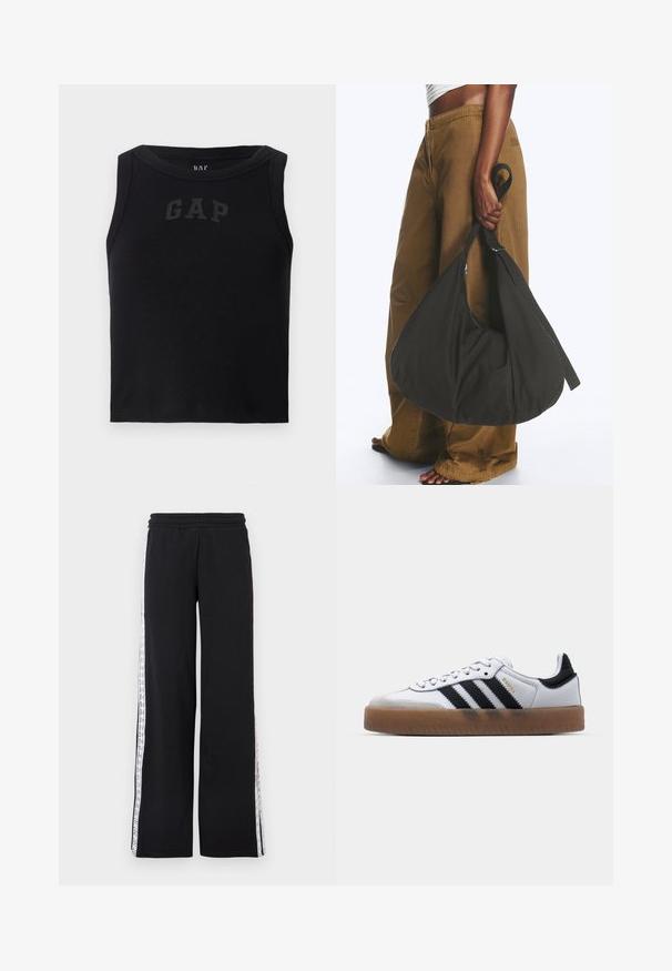 Sort ribbet tank top med rund halsudskæring, der har et kontrastfyldt sort "GAP" logo fortil. Ingen yderligere udsmykninger.; Sorte bukser med vide ben, elastisk talje og hvide blonde-lignende striber langs hver sidesøm.; Hvide lædersneakers med sorte striber, gummirubber sål, rund tå, snørelukning og blød grå ruskinds tåhætte.; Person iført brune vidde bukser og hvid top holder en stor sort blød håndtaske i remmen ved siden.