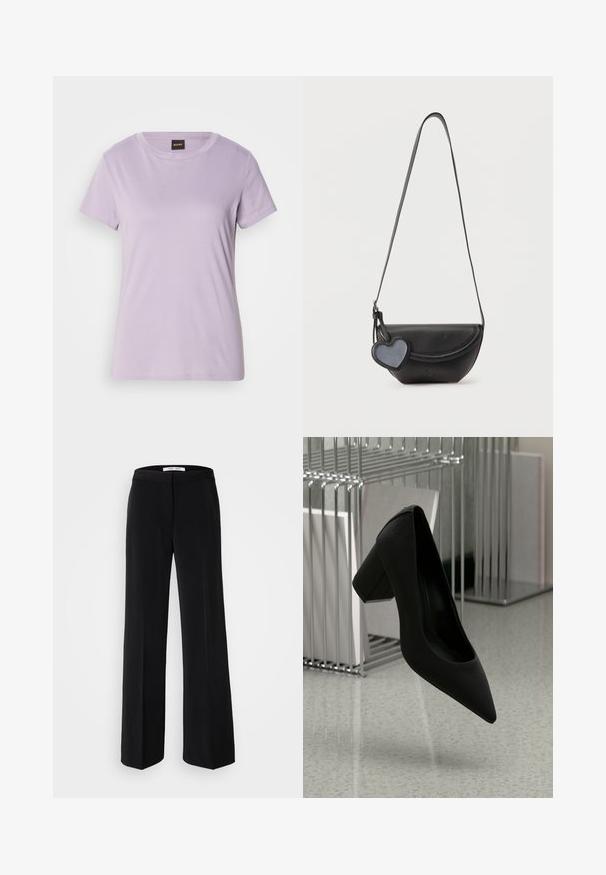 Camiseta de algodón color púrpura claro con cuello redondo, mangas cortas y un sutil logo en escritura decorado con strass en el pecho.; Pantalones anchos negros con una textura suave, que cuentan con una cinturilla ajustada y un diseño minimalista. Sin patrones ni acentos visibles.; Zapato de tacón alto negro con punta afilada y tacón grueso, hecho de cuero texturizado, suspendido sobre un suelo liso.; Bolso de hombro de cuero negro con solapa redondeada y un colgante en forma de corazón suspendido sobre un fondo liso y claro.