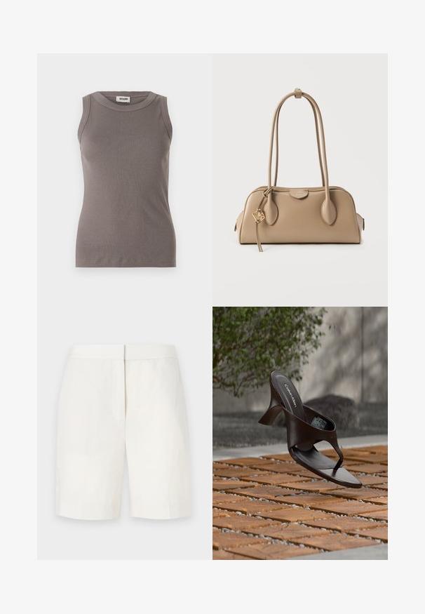 Débardeur gris côtelé avec un col rond et un design sans manches, fabriqué à partir d'un tissu doux et texturé. Silhouette simple et ajustée.; Shorts en coton blancs avec une coupe droite, un devant plat et une texture subtile. Ils présentent une taille et pas de poches visibles. Design simple.; Sandale à talon marron Calvin Klein suspendue au-dessus d'un sol extérieur en dalles de bois et gravier avec un arrière-plan flou de verdure et de pierres.; Sac à main beige avec une texture en cuir lisse. Forme arrondie, deux longues anses et un détail de quincaillerie dorée sur une fermeture éclair.