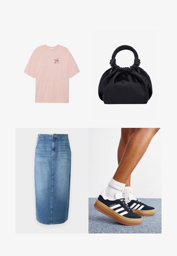 T-shirt en coton rose clair avec un graphisme de grue noire et des accents rouges, portant le mot "SAKURA". Coupe décontractée et col rond.; Jupe crayon en denim bleu clair avec une coupe droite, fermeture à boutons sur le devant et un léger effet délavé. L'ourlet se situe juste au-dessus du genou.; Jambes portant des chaussettes blanches et des baskets Adidas Gazelle noires avec des bandes blanches et des semelles épaisses marron sur un sol recouvert de moquette grise.; Sac à main en tissu noir doux avec haut froncé et poignées circulaires rembourrées nouées de chaque côté.