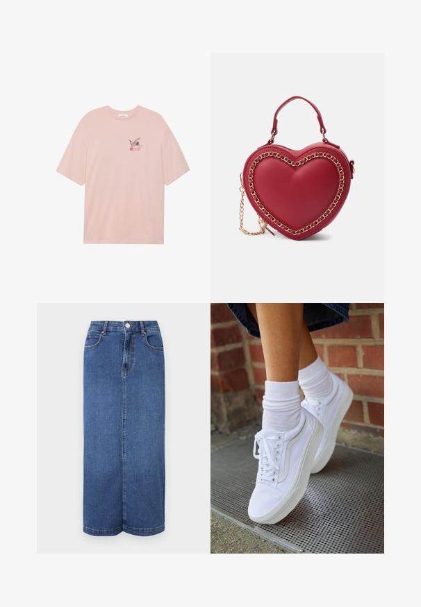 T-shirt en coton rose clair avec un graphisme de grue noire et des accents rouges, portant le mot "SAKURA". Coupe décontractée et col rond.; Jupe maxi en denim bleu foncé, avec une coupe droite, une taille avec une fermeture à bouton et des détails de couture minimalistes.; Baskets en toile blanches avec semelles en caoutchouc, dotées de six œillets, d'un bout rond et de détails de couture légers, portées avec des chaussettes blanches mi-mollet.; Sac à main en forme de cœur rouge, fabriqué en cuir lisse, avec un accent en chaîne dorée et une poignée supérieure, doté d'une bandoulière amovible.