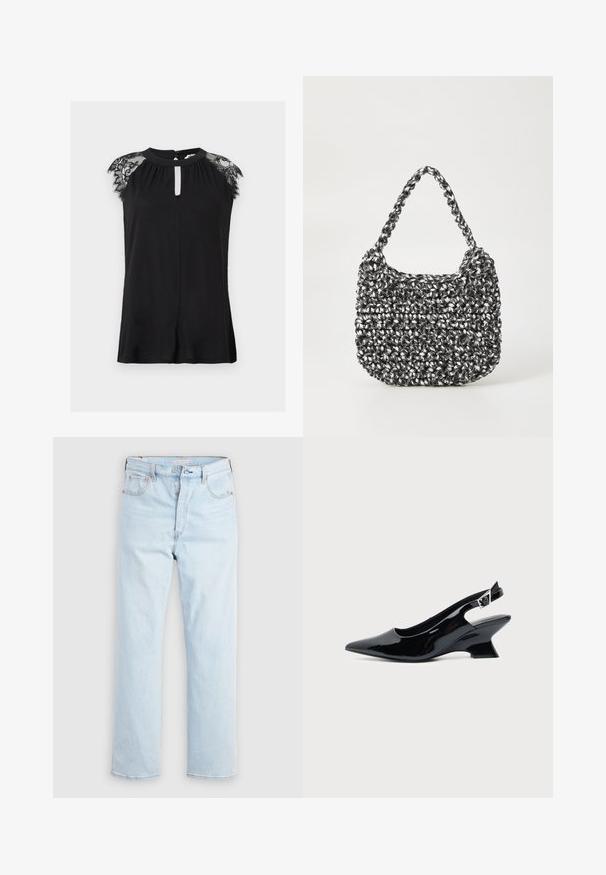 Blouse noire sans manches avec manches courtes en dentelle, encolure ronde avec découpe en forme de goutte, et fermeture par bouton au dos.; Jean bleu clair taille haute à jambes droites avec braguette à boutons et poches avant et arrière sur un fond blanc uni.; Chaussure slingback en cuir verni noir avec bout pointu et petit talon bloc incliné sur fond clair uni.; Sac en osier noir et blanc de forme arrondie, avec une surface texturée et une poignée tressée. Convient à un usage décontracté.