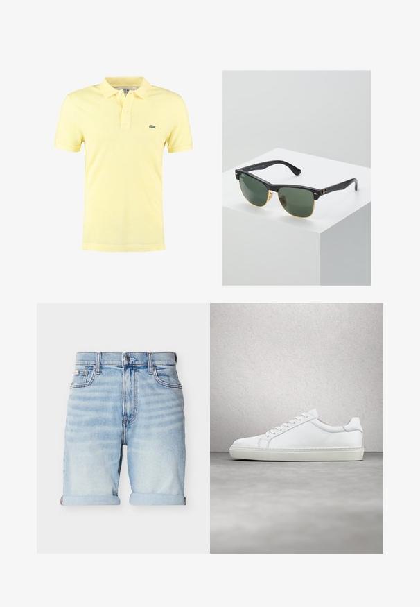 Geel polo shirt van katoen met een klassieke kraag, korte mouwen en een groen logo op de linker borst, met een gestructureerd patroon.; Lichtblauwe denimshorts met omgeslagen manchetten, knopen aan de voorkant, ritssluiting en een ontwerp met vijf zakken op een witte achtergrond.; Witte sneaker met een gladlederen bovenwerk en een laag profiel. Voorzien van een ronde neus, zes vetergaatjes en een gestructureerde rubberen zool.; Ray-Ban zonnebrillen met groene lenzen, zwarte plastic monturen en gouden accenten aan de randen. Vierkante vorm met een matte afwerking.