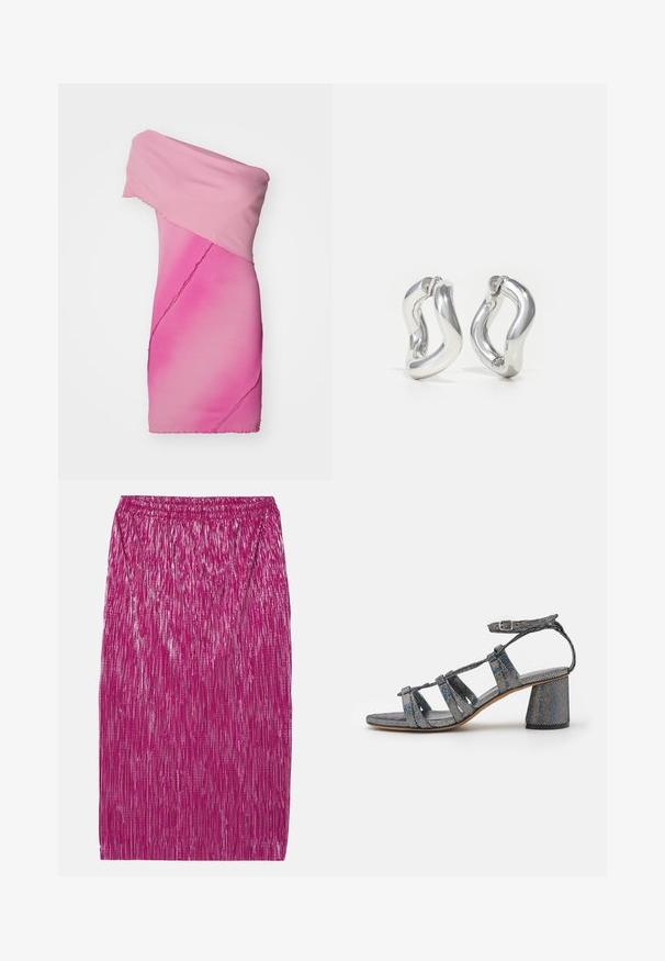 Robe cintrée à épaules dénudées en tissu en dégradé de rose à nervures, présentant un design asymétrique et des finitions à bords bruts.; Jupe slim-fit fuchsia avec un design texturé plissé. Taille élastique et finition métallisée, offrant un aspect brillant.; Mansur Gavriel DAY DREAM - Sandales - glitter; Boucles d'oreilles créoles argentées avec un design torsadé. Bords arrondis et finition brillante. Fermoirs ouverts pour un port facile. Texture lisse sur toute la surface.
