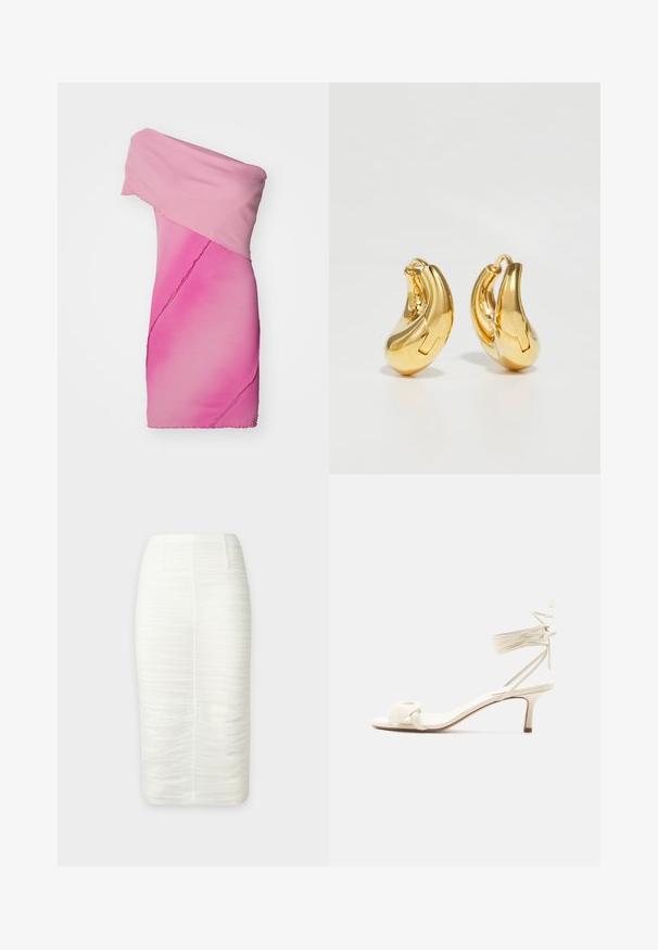 Robe cintrée à épaules dénudées en tissu en dégradé de rose à nervures, présentant un design asymétrique et des finitions à bords bruts.; Jupe crayon midi blanche en tissu texturé froncé avec une couture avant, conçue pour une silhouette ajustée.; Sandale à talon bas de couleur crème avec des liens à nouer autour de la cheville et une large bride torsadée sur les orteils, sur un fond blanc uni.; Boucles d'oreilles en or en forme de d'anneaux lisses et courbés avec une finition polie. Équipées d'un mécanisme de fermeture et de légères indentations pour le détail.
