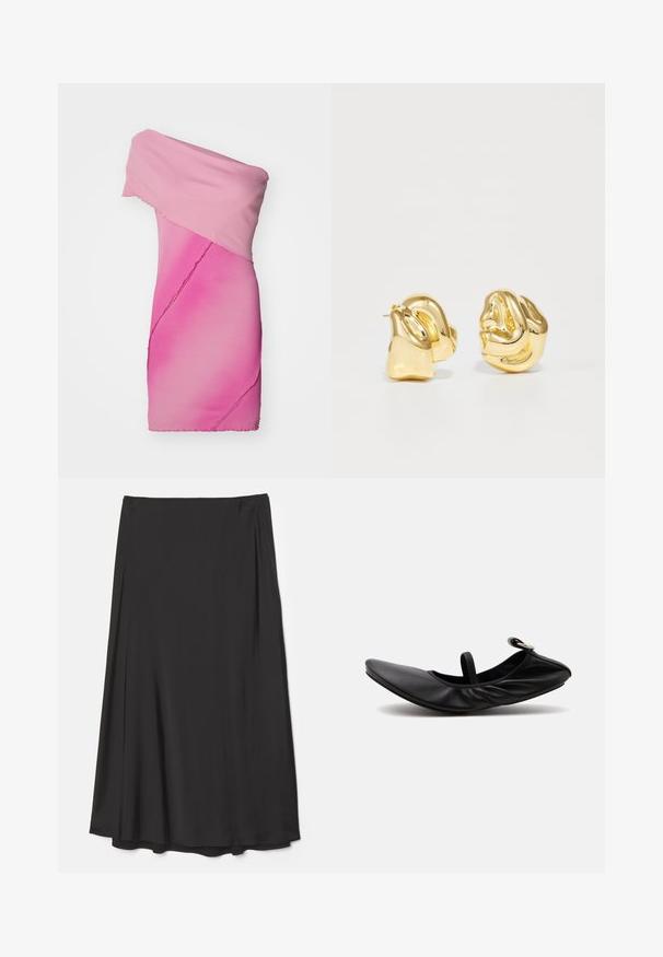 Robe cintrée à épaules dénudées en tissu en dégradé de rose à nervures, présentant un design asymétrique et des finitions à bords bruts.; Jupe noire, longueur genou en tissu lisse ; présente un design fluide avec des drapés souples et sans fermetures visibles.; Ballerine plate en cuir noir plié avec une seule bride et une boucle argentée sur un fond clair uni.; Boucles d'oreilles en métal doré avec un design sculptural et tordu. Surface lisse et brillante avec une forme arrondie et sans embellissements visibles.