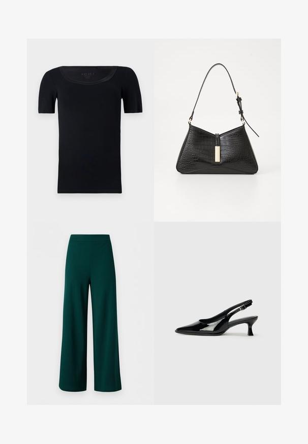 T-shirt noir à manches courtes en coton doux. Présente un col large et une coupe ajustée avec une texture lisse et sans motifs visibles.; Pantalon vert foncé à jambes larges avec une taille haute et sans attaches visibles, présenté sur un fond uni clair.; Escarpins en cuir verni noir avec un bout pointu et un petit talon carré. Sangle réglable à la cheville avec boucle.; Sac à main noir en matériau imitation croco, doté d'une forme triangulaire, d'une fine sangle pour l'épaule et d'un accent en métal doré au centre.