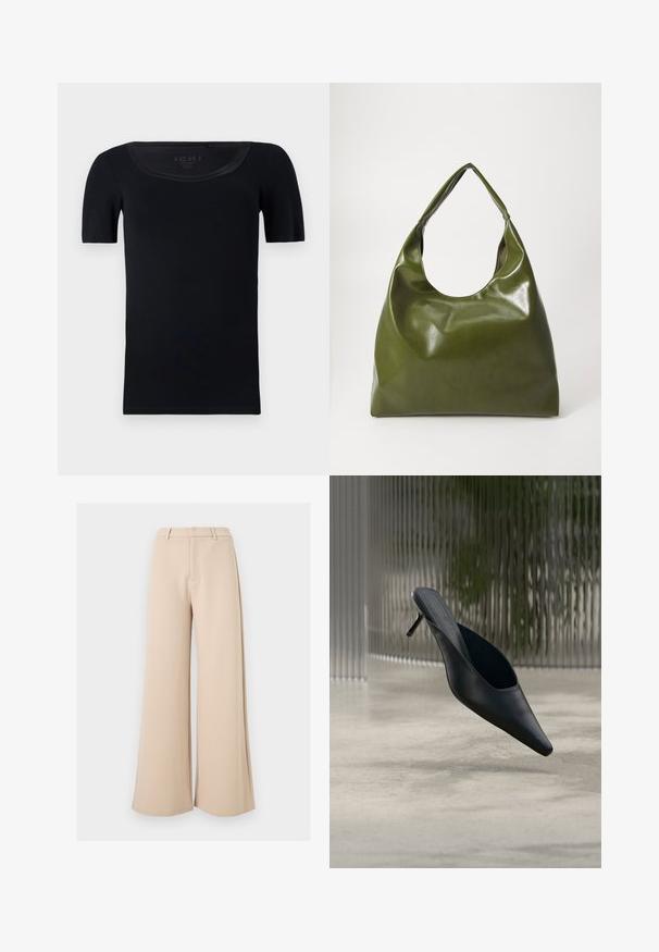 T-shirt noir à manches courtes en coton doux. Présente un col large et une coupe ajustée avec une texture lisse et sans motifs visibles.; Pantalon large beige taille haute avec passants pour ceinture et fermeture avant dissimulée sur fond blanc.; Mule noire à bout pointu avec un talon fin et haut flottant au-dessus d'un sol en béton lisse, avec un arrière-plan flou à rayures verticales.; Sac hobo en cuir vert au design décontracté, avec une poignée incurvée et une texture lisse. Ne contient aucun matériel ou accent visible.