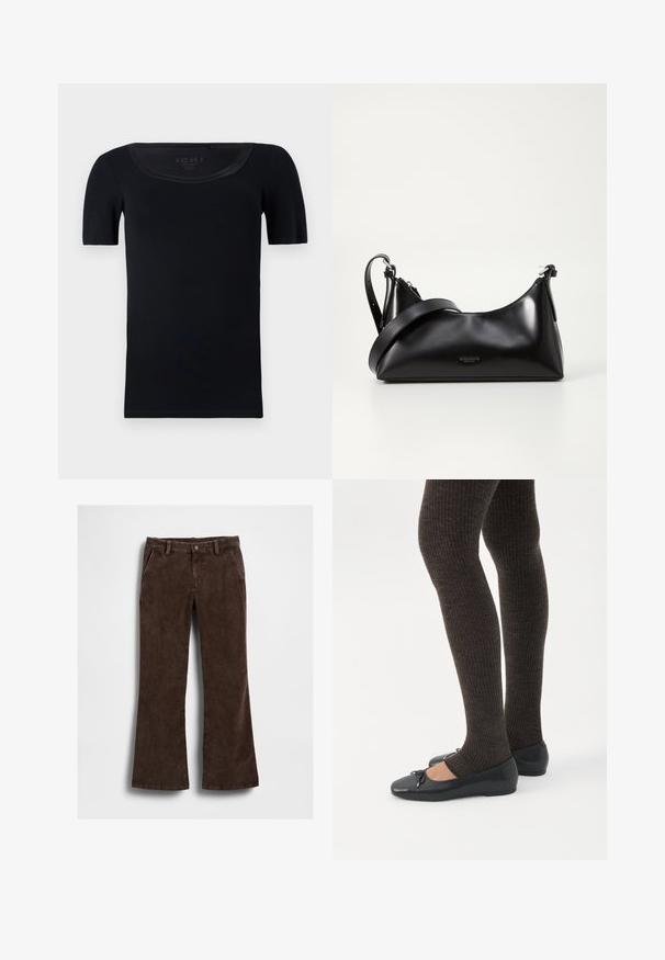 T-shirt noir à manches courtes en coton doux. Présente un col large et une coupe ajustée avec une texture lisse et sans motifs visibles.; Pantalon évasé en velours côtelé marron à la texture lisse, avec poches avant et une fermeture à un bouton à la taille.; Jambes portant des leggings côtelés foncés associés à des ballerines noires avec de petits détails en nœud sur fond blanc.; Sac à main en cuir noir avec une texture lisse. Dispose d'une bandoulière adjustable et d'un design élégant et minimaliste avec une fermeture éclair.