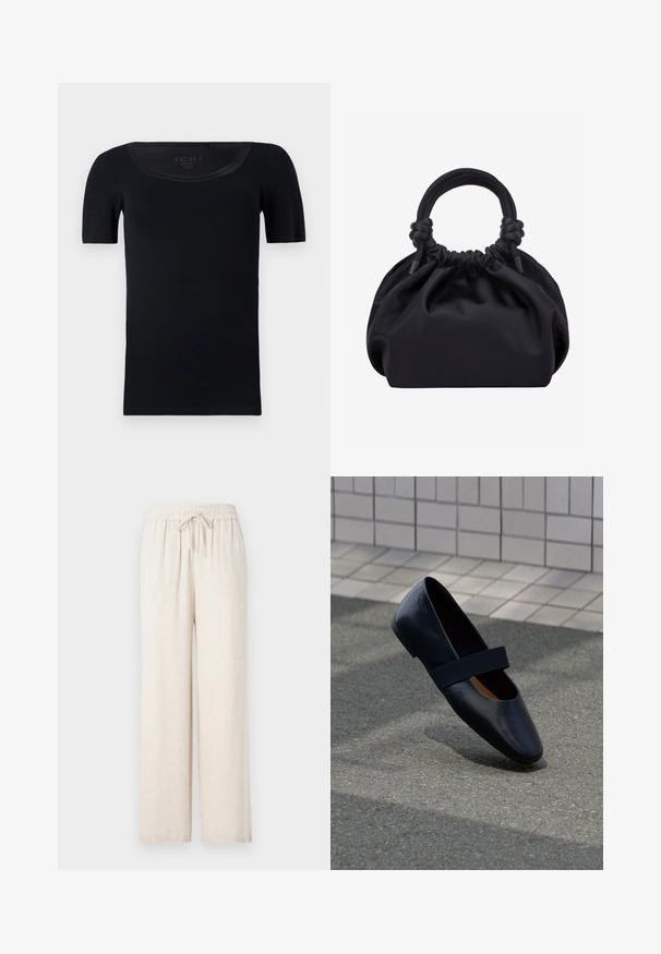 T-shirt noir à manches courtes en coton doux. Présente un col large et une coupe ajustée avec une texture lisse et sans motifs visibles.; Pantalons larges beige clair, fabriqués à partir d'un matériau doux et texturé. Dotés d'une taille élastique avec un cordon de serrage pour un ajustement.; Chaussure plate en cuir noir avec un bout arrondi, dotée d'une douce sangle élastique noire sur le cou-de-pied. Texture lisse et design minimaliste.; Sac à main en tissu noir doux avec haut froncé et poignées circulaires rembourrées nouées de chaque côté.