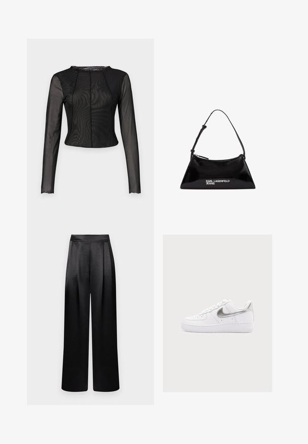 Haut en mesh noir à manches longues, au design ajusté, avec un col rond et une texture subtile. Présente des coutures à l'avant et à l'arrière pour plus de structure.; Pantalon à jambes larges en satin noir à texture lisse, avec des plis à l'avant et une taille haute, offrant un design structuré mais fluide.; Baskets basses blanches avec le swoosh Nike argenté et l'avant perforé, présentées sur un fond gris clair uni.; Sac à main en cuir verni noir avec une forme triangulaire, doté d'une fermeture éclair supérieure et d'une sangle ajustable. Logo "KARL LAGERFELD JEANS" en argent.