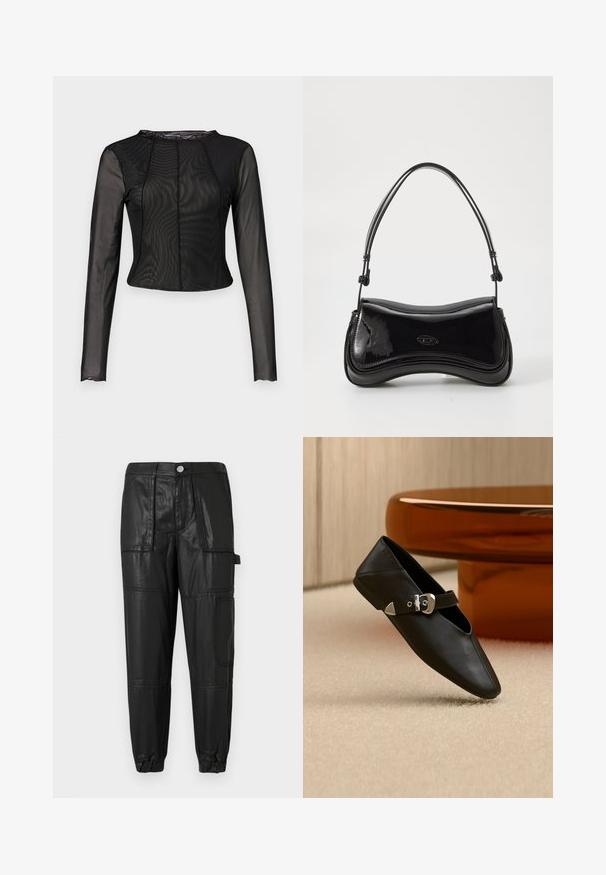 Haut en mesh noir à manches longues, au design ajusté, avec un col rond et une texture subtile. Présente des coutures à l'avant et à l'arrière pour plus de structure.; Pantalon en cuir noir avec une taille élastique, des poignets fuselés et plusieurs poches. Le tissu a une finition légèrement brillante.; Chaussure plate en cuir noir avec bout pointu et bride à boucle argentée, posée sur un tapis beige devant une table ronde de couleur ambre.; Sac à main en vernis noir avec une forme courbée, une poignée unique et un fond arrondi. Présente un détail de logo discret à l'avant.