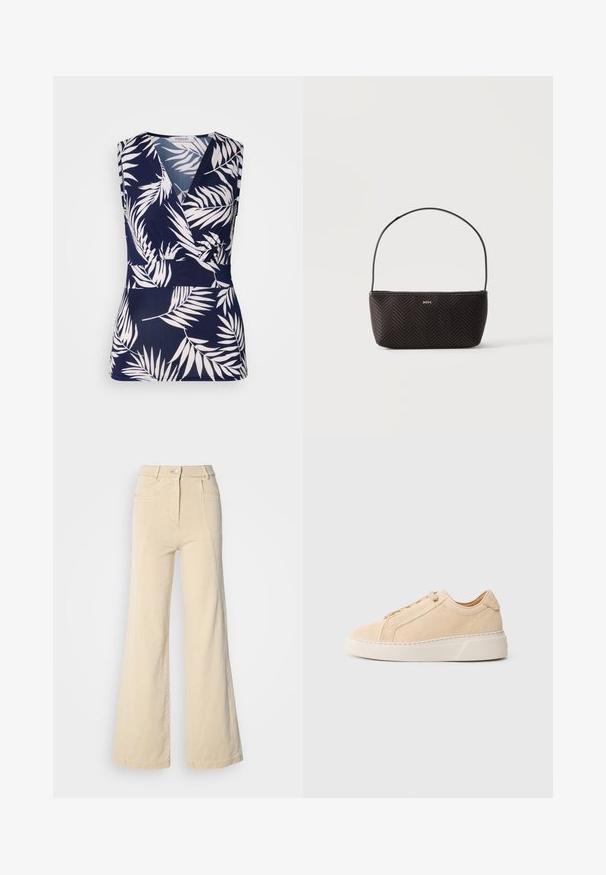 Mørkeblå ærmeløs top med indpakningsdesign, der har hvide tropiske bladmønstre, en glat tekstur og v-udskæring.; Beige vidde jeans med høj talje, forlommer og kontrasterende syninger, udstyret med en knaplukning og en glat bomuldsstruktur.; Beige ruskindssneaker med rundet tå, ton-i-ton syninger og en tyk hvid gummisål. Har flade snørebånd og et minimalistisk design.; Sort vævet tekstureret håndtaske med enkelt skulderrem og lille guld "BOSS" logo foran i midten.