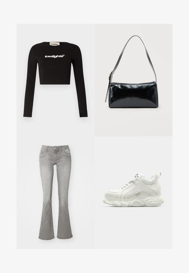 T-shirt noir à manches longues cropped en coton. Présente un col rond et le logo "lowlights" en blanc sur la poitrine.; Jeans gris évasés avec une taille mi-haute, poches avant et fermeture à bouton, fabriqués en denim avec une texture lisse.; Baskets blanches de sport avec une tige en cuir lisse, une semelle arrondie et un accent texturé. Comprend des lacets et une languette à l'arrière.; Sac d'épaule rectangulaire noir avec une sangle réglable unique et une fermeture éclair supérieure sur un fond uni.