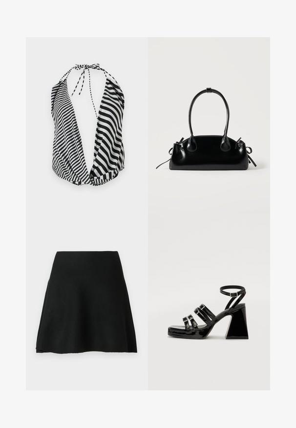 Haut halter à rayures noires et blanches avec un décolleté plongeant, fermeture à nouer autour du cou, et en tissu léger et doux.; Jupe patineuse noire en tissu doux, design évasé avec une texture lisse, dotée d'une taille haute et coupée au-dessus du genou.; Sandales à talons en cuir verni noir avec un bout carré, design à multiples brides, bride de cheville réglable et un talon géométrique épais.; Petit sac à main noir brillant avec deux longues anses et des détails à cordon sur les côtés sur un fond clair uni.