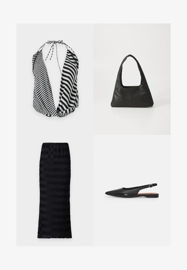 Haut halter à rayures noires et blanches avec un décolleté plongeant, fermeture à nouer autour du cou, et en tissu léger et doux.; Jupe noire longueur genoux avec un design plissé texturé. Taille élastique, tissu lisse avec des rayures alternées mates et brillantes.; Chaussure slingback en cuir noir avec un bout pointu, un léger éclat et une bride de cheville réglable. Talon plat avec une semelle intérieure marron.; Sac à main en cuir noir de forme triangulaire, avec une grande poignée découpée et des coutures détaillées le long des bords. Texture lisse.