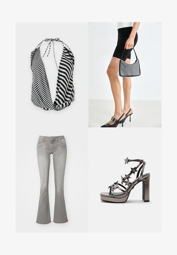 Haut halter à rayures noires et blanches avec un décolleté plongeant, fermeture à nouer autour du cou, et en tissu léger et doux.; Jeans gris évasés avec une taille mi-haute, poches avant et fermeture à bouton, fabriqués en denim avec une texture lisse.; Sandale métallique à talon haut avec semelle plateforme et plusieurs brides décorées d’embellissements en forme d’étoile et boucle à la cheville.; Sac à main à perles noires avec une silhouette courbée, une poignée de transport et une texture brillante. Porté avec des chaussures à talons hauts noires et un short noir ajusté.