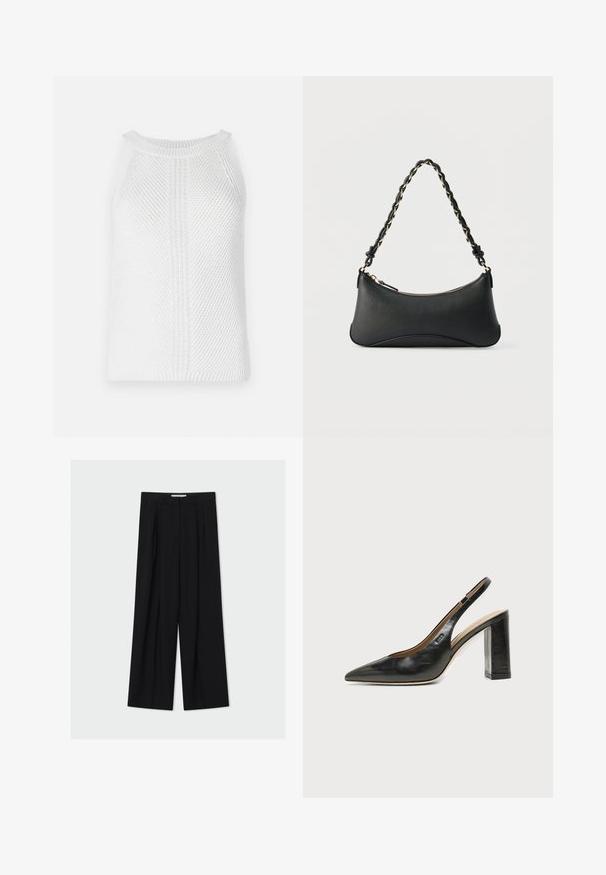 Weißes Strick-Tanktop mit strukturiertem Muster, rundem Ausschnitt und breiten Armausschnitten; verfügt über ausgeprägte vertikale und horizontale Strickdetails.; Schwarze, weit geschnittene Hose mit hoher Taille, Gürtelschlaufen und vorderen Falten, vor hellem grauem Hintergrund präsentiert.; Schwarzer Leder-Slingback-Schuh mit spitzer Kappe, hohem Blockabsatz und beigegefüttertem Innenraum vor hellem, einfarbigem Hintergrund.; Schwarze Lederschultertasche mit gewölbter rechteckiger Form, goldener Kette, die in den geflochtenen schwarzen Riemen eingewebt ist, und Reißverschlussverschluss oben.