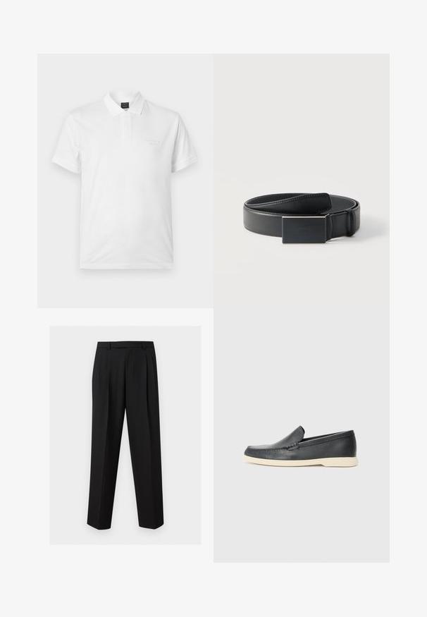 Polo blanc à manches courtes avec col, patte de boutonnage et logo BOSS subtil brodé sur la poitrine gauche.; Pantalon noir sur mesure avec jambes droites, plis à la taille, passants de ceinture et poches latérales fendues, présenté sur un fond uni.; Mocassin noir en cuir à enfiler avec semelle beige, positionné en suspension près d'un porte-revues en fil métallique sur un sol en terrazzo.; Ceinture en cuir noir enroulée avec une boucle noire mate rectangulaire et un logo embossé discret sur fond blanc.