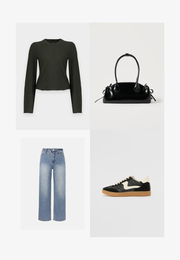 Olivengrøn cropped langærmet top lavet af ribbet stof. Har en rund halsudskæring og en tæt pasform.; Lyseblå, højtaljede jeans med vide ben, falmet vask, frontknap, lynlås og klassisk fem-lommer design.; Sorte ruskinds- og lædersneakers med en cremefarvet side-swoosh og lys cremefarvet hæl. Har beige snørebånd og en gummirubber-sål.; Lille sort blank håndtaske med to lange håndtag og snøre-detaljer i siden på en ensfarvet lys baggrund.