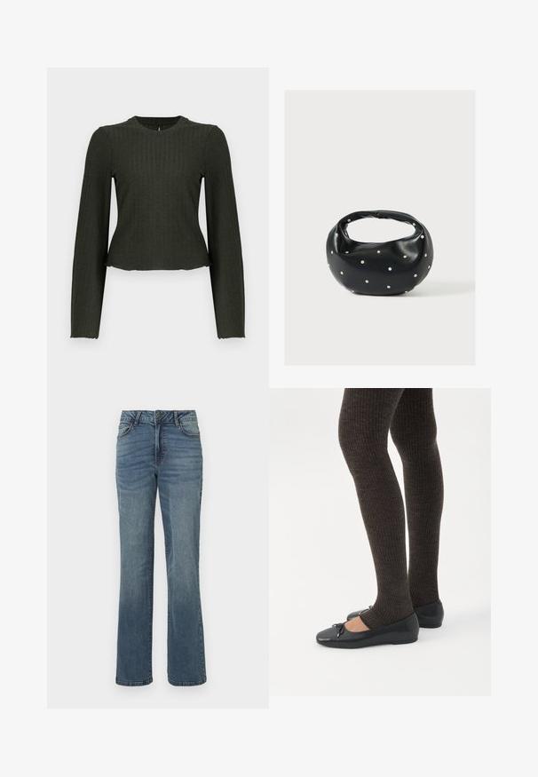 Olijfgroene cropped lange mouw top gemaakt van ribbelstof. Heeft een ronde halslijn en een slim-fit silhouet.; Blauwe rechte jeans van denim met een sluiting met een knoop en ritssluiting aan de voorkant, voor- en achterzakken en subtiele vervagingdetails.; Benen met donkere geribbelde leggings gecombineerd met zwarte ballerina's met kleine strikdetails op een witte achtergrond.; Zwarte leren handtas met een afgeronde vorm, versierd met zilveren studs, en een korte handgreep. Gladde textuur en ritsluiting.