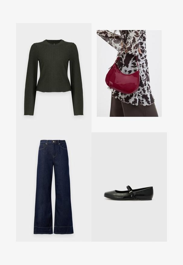 Olijfgroene cropped lange mouw top gemaakt van ribbelstof. Heeft een ronde halslijn en een slim-fit silhouet.; Donkerblauwe wijde spijkerbroek van denim. Kenmerken zijn een knoopsluiting, stikdetails en zijzakken. Uiteinde met een flared onderrand.; Zwarte leren balletschoenen met een ronde neus, een platte zool en een dunne verstelbare band over de wreef met een metalen gesp.; Vrouw met een zwart-wit gebloemde blouse houdt een glanzende rode schoudertas vast tegen een effen achtergrond.