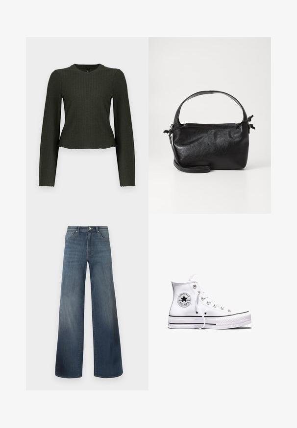 Olivengrøn cropped langærmet top lavet af ribbet stof. Har en rund halsudskæring og en tæt pasform.; Bredde denim jeans i mørkeblå, med en slidteknik, knaplukning og fem-lomme stil. Glat tekstur, minimal syning detaljer.; Hvid Converse Chuck Taylor All Star højt snøresko med sorte striber og logoemblem på siden, vist mod en ensfarvet hvid baggrund.; Sort læderhåndtaske med et struktureret design, rund tophåndtag og aftagelig skulderrem. Den har en glat tekstur og en subtil glans.