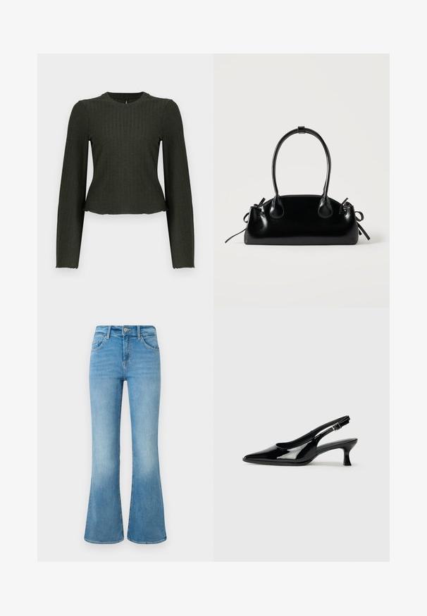 Olivengrøn cropped langærmet top lavet af ribbet stof. Har en rund halsudskæring og en tæt pasform.; Lyseblå denim flare jeans med forlommer, bæltestropper og knaplukning mod en hvid baggrund.; Sorte patenterede slingback-sko med spidse tæer og lav blokhæl. Justerbar spænde-rem ved anklen.; Lille sort blank håndtaske med to lange håndtag og snøre-detaljer i siden på en ensfarvet lys baggrund.