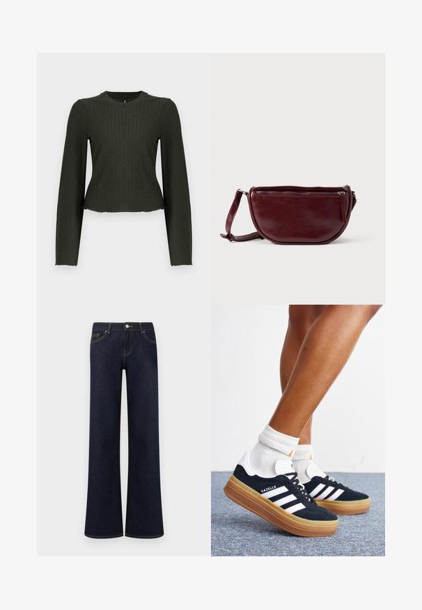 Olijfgroene cropped lange mouw top gemaakt van ribbelstof. Heeft een ronde halslijn en een slim-fit silhouet.; Donkerblauwe denim jeans met wijde pijpen, voorzakken, knoop- en ritssluiting, en zichtbare contrasterende stiksels.; Ben met witte sokken en zwarte Adidas Gazelle sneakers met witte strepen en dikke bruine zolen op een grijs tapijt.; Dieprode lederen handtas met een halve-maansvorm, een ritssluiting en een afneembare riem. Gladde textuur met een subtiele glans.