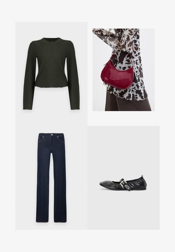 Olivengrøn cropped langærmet top lavet af ribbet stof. Har en rund halsudskæring og en tæt pasform.; Mørkeblå jeans med lige ben, forlommer, bæltestropper, metal knap og syningsdetaljer på en ensartet hvid baggrund.; Sorte læder flade sko med spids tå, samling detaljer omkring åbningen, og en sølv spænde accent på den justerbare rem.; Kvinde iført en sort- og hvidmønstret bluse, der holder en blank rød skuldertaske mod en ensfarvet baggrund.