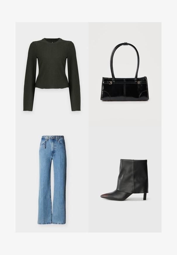 Olivengrøn cropped langærmet top lavet af ribbet stof. Har en rund halsudskæring og en tæt pasform.; Lyseblå jeans i høj talje med vide ben, fem lommer og et matchende bælte i denim med metaløjer og spænde.; Sort ankelstøvle lavet af glat læder med spids tå og tilspidset hæl. Overdelen har et let rynket design.; Glansfuld sort rektangulær håndtaske med to tynde skulderremme og små guldbeslag foran.