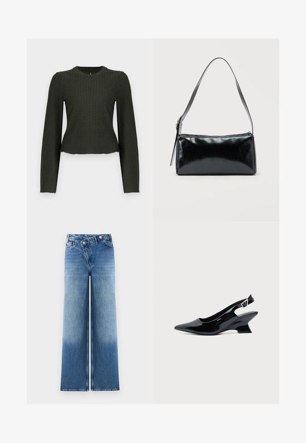 Olivengrøn cropped langærmet top lavet af ribbet stof. Har en rund halsudskæring og en tæt pasform.; Lysblå vidde jeans med en falmet vask, der har et klassisk fem-lomme design og metalknap detaljer i taljen.; Sort laklæder slingback sko med spids tå og lav vinklet blokhæl på ensartet lys baggrund.; Sort rektangulær skuldertaske med en enkelt justerbar rem og lynlås i toppen på en ensfarvet baggrund.