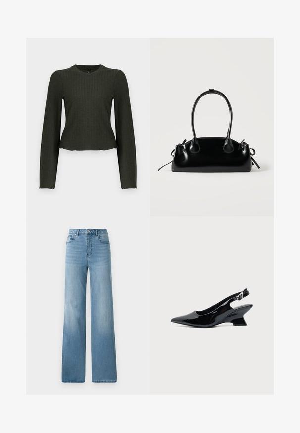 Olijfgroene cropped lange mouw top gemaakt van ribbelstof. Heeft een ronde halslijn en een slim-fit silhouet.; Lichtblauwe high-waisted jeans met een rechte pasvorm. Gemaakt van denim, met vijf zakken en een knoopsluiting.; Zwarte lakleren slingback schoen met spitse neus en lage schuine blokhak op een effen lichte achtergrond.; Kleine zwarte glanzende handtas met twee lange hengsels en zijkant trekkoord details op een effen lichte achtergrond.