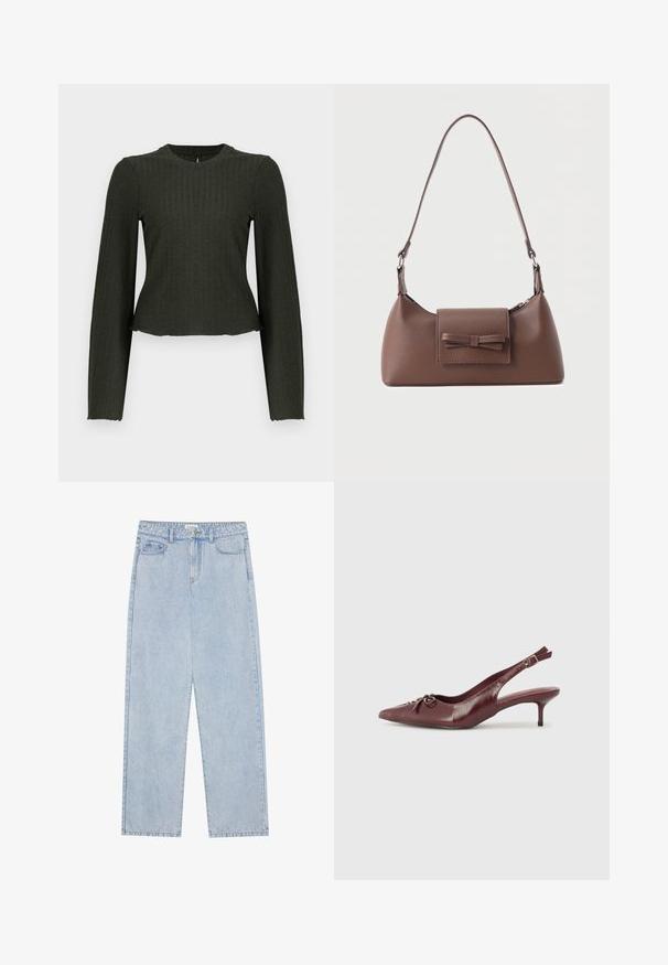 Olivengrøn cropped langærmet top lavet af ribbet stof. Har en rund halsudskæring og en tæt pasform.; Lyseblå, højtaljede denimbukser med lige ben, fem lommer og synlige sømme. Materialet har en klassisk vaskeeffekt.; Bordeaux læder slingback hæl med spidse tå, justerbar rem og dekorativ sløjfedetalje foran. 7,5 cm hælhøjde.; Brun skuldertaske i læder med en frontlomme med klap, der har en sydd sløjfedetalje, og en justerbar rem.