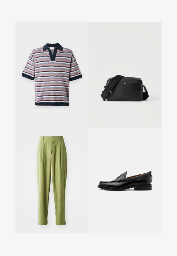 Camiseta polo de punto con escote en V, mangas cortas y rayas alternas en rosa, navy, azul claro y blanco, con un patrón texturizado.; Pantalones verdes claros hechos de una tela texturizada, con una forma recta, pliegues en la parte frontal y una cinturilla estándar.; Mocasín de hombre de piel negra con costura moc toe, tira penny, cuello texturizado y tacón bajo apilado sobre fondo blanco.; Bolso bandolera negro de cuero texturizado con bolsillo frontal con cremallera y correa de hombro ancha de tela ajustable sobre fondo blanco.