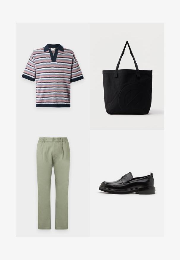Camiseta polo de punto con escote en V, mangas cortas y rayas alternas en rosa, navy, azul claro y blanco, con un patrón texturizado.; Pantalones verde claro de algodón con un diseño de pierna recta, cierre de botón y cintura elástica para mayor comodidad.; Calvin Klein MOCCASIN - Mocasines elegantes - black; Bolsa tote de lona negra con dos correas para el hombro y un diseño circular en relieve sutil en el frente.