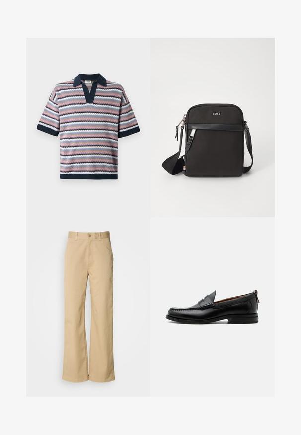Camiseta polo de punto con escote en V, mangas cortas y rayas alternas en rosa, navy, azul claro y blanco, con un patrón texturizado.; Pantalones beige de pierna ancha, hechos de una mezcla de algodón. Presentan un cierre de botón y trabillas para cinturón. Textura suave, con detalles de costura mínimos.; Mocasín de hombre de piel negra con costura moc toe, tira penny, cuello texturizado y tacón bajo apilado sobre fondo blanco.; Bolso bandolero negro con un tejido texturizado, logo en la parte frontal, cierre de cremallera y correa ajustable. Presenta un ribete de cuero suave.