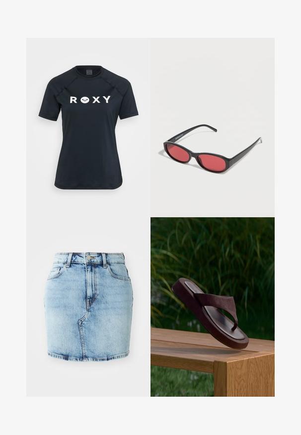 Rash guard noir à manches courtes en matière extensible, avec un logo "ROXY" blanc sur le devant et un design à col rond.; Jupe en denim bleu clair avec une coupe ajustée, cinq poches, une fermeture par bouton et zip, et des détails cousus le long de l'ourlet.; Sandale tong en daim marron flottant au-dessus d'un banc en bois avec des plantes vertes floues en arrière-plan.; Lunettes de soleil ovales noires avec des branches fines et des verres teintés rouges posées sur une surface blanche.