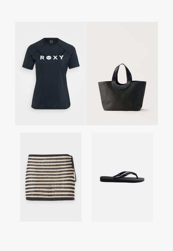 Rash guard noir à manches courtes en matière extensible, avec un logo "ROXY" blanc sur le devant et un design à col rond.; Mini-jupe en maille rayée noire et beige avec un nœud sur le côté et un motif en maille ouverte texturé.; Sandale tong noire en caoutchouc avec semelle texturée et brides lisses, vue de côté sur un fond gris clair uni.; Sac cabas noir texturé avec de larges poignées arrondies présentant le nom de la marque embossé "Samsøe Samsøe" sur fond neutre.
