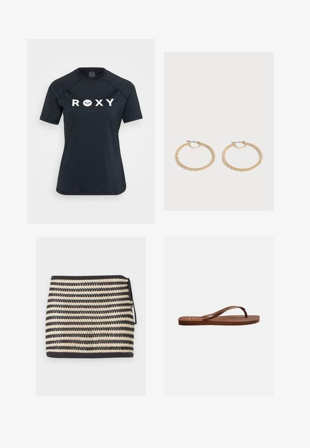 Rash guard noir à manches courtes en matière extensible, avec un logo "ROXY" blanc sur le devant et un design à col rond.; Mini-jupe en maille rayée noire et beige avec un nœud sur le côté et un motif en maille ouverte texturé.; Tong flip-flop en caoutchouc brun avec semelle texturée et lanière fine en forme de Y, présenté de profil sur un fond uni.; Paire de boucles d'oreilles créoles en or de taille moyenne avec un design texturé et perlé sur un fond clair uni.