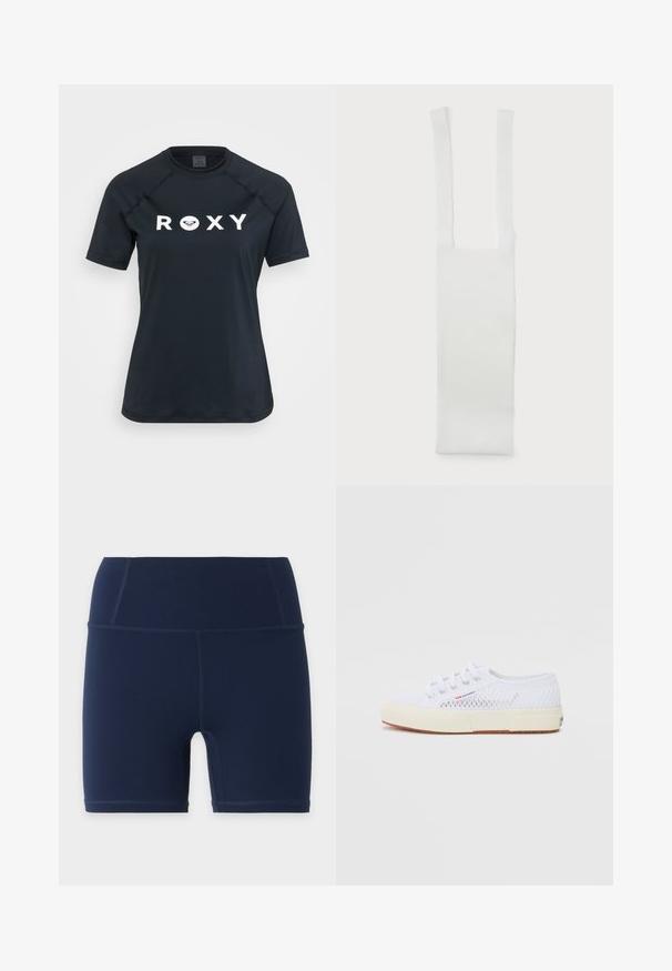 Sort kortærmet rash guard lavet af strækbart materiale, med et hvidt "ROXY" logo på forsiden og en rund halsudskæring.; Marineblå højtaljede tætsiddende shorts med flade syninger og længde til midt på låret, vist på en ensartet lys baggrund.; Hvide mesh sneakers med hvide snørebånd, gummisåler og rund tå. Har et logo som accent. Letvægts- og åndbar design.; Hvid bomuldsrem med to aflange håndtag, der har en glat tekstur og en rektangulær krop. Enkel design, ingen yderligere mønstre eller udsmykninger.