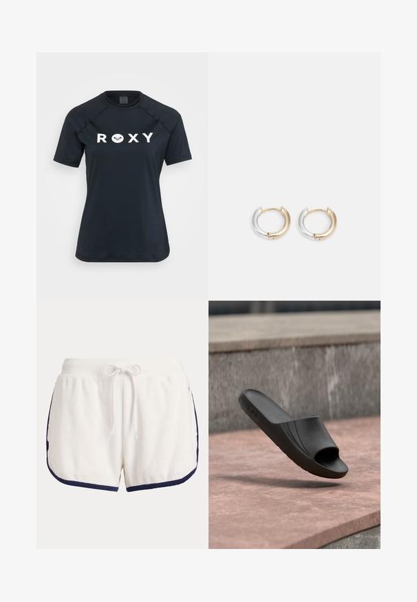 Rash guard noir à manches courtes en matière extensible, avec un logo "ROXY" blanc sur le devant et un design à col rond.; Shorts en éponge blanche avec taille élastiquée, cordon de serrage et bordure bleu marine foncé le long des bords.; Sandale noire à glissière avec une semelle texturée et un bout ouvert, suspendue au-dessus d'une surface en pierre avec un mur en pierre grise en arrière-plan.; Boucles d'oreilles créoles en or et en argent avec une finition métallique mélangée, présentant un design courbé lisse et une fermeture sans couture.