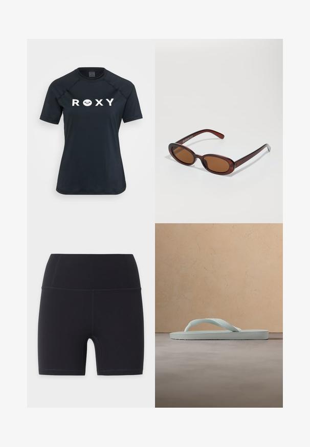 Sort kortærmet rash guard lavet af strækbart materiale, med et hvidt "ROXY" logo på forsiden og en rund halsudskæring.; Sorte atletiske cykelshorts med høj talje og flade syninger, designet til en tætsiddende pasform og længde til midt på låret.; Enkel lysebeige gummiflipflop med tekstureret fodseng og Y-formet rem mod en ensfarvet grå baggrund.; Runde, bruntonede solbriller med en glansfuld bordeauxramme. Slanke arme med diskret brandingdetalje. Flad linsedesign.
